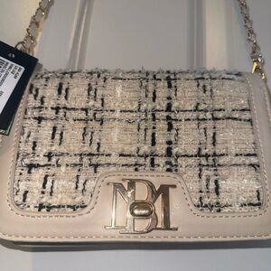 Badgley Mischka Black and Cream Tweed Crossbody Bag